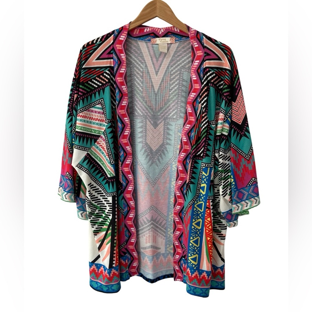 Flying Tomato women’s Aztec kimono open cardigan top 2X multicolor lightweight